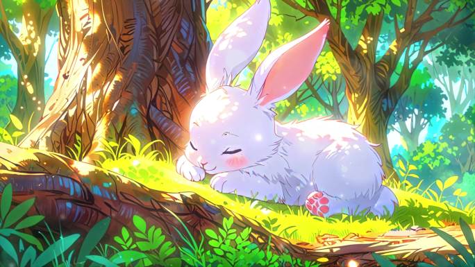 4K唯美梦幻卡通油画动漫手绘森林白兔背景