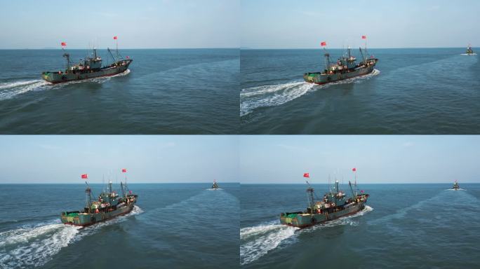 航拍渔船出海