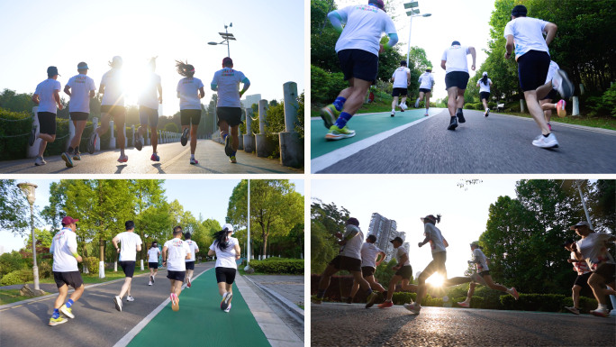 一群人逆光奔跑-全民运动城市运动公园跑步