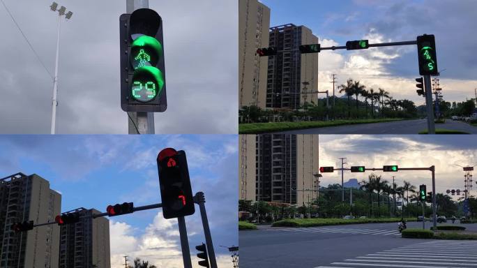 红绿灯路口车来车往红绿灯跳动闪烁变换信号
