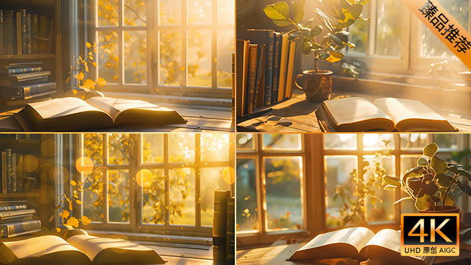 唯美日落黄昏阳光照进书桌 洒落在打开书本