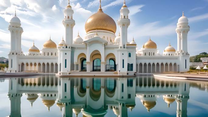 金色圆顶白色建筑蓝色天空伊斯兰风格清真寺