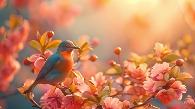 鸟花树枝阳光盛开美丽自然宁静和谐生动