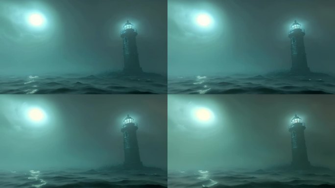迷雾下的大海和海上灯塔