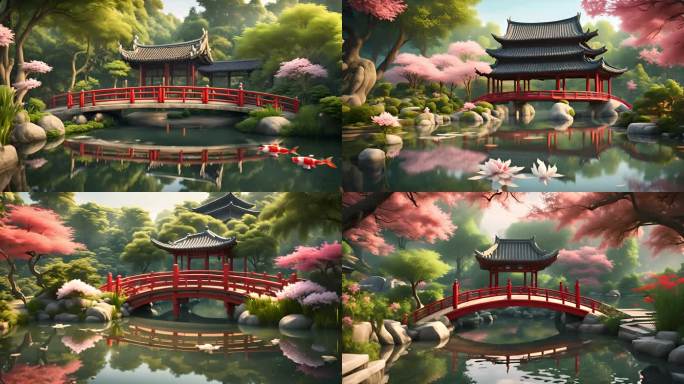 中式建筑动漫桥梁视频素材