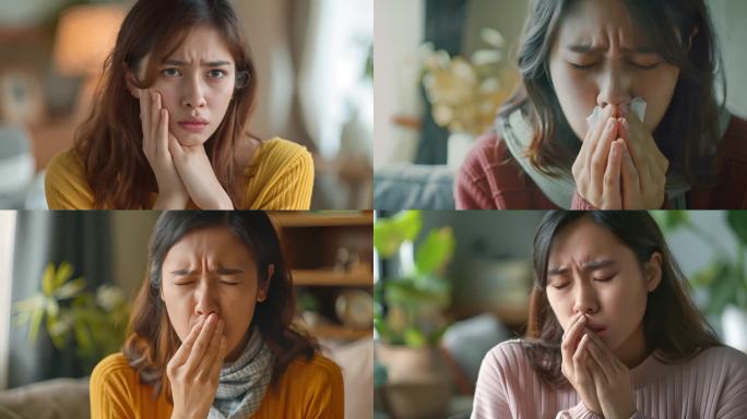 女性在家咳嗽表情痛苦生病难受扁桃体发症状