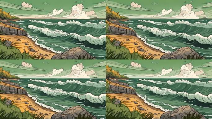 自然风景卡通动画山体海浪