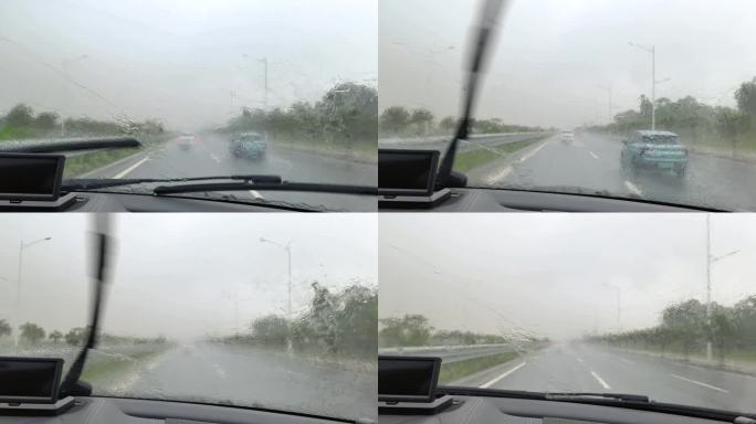 雨天自驾车雨刮挡风玻璃水下雨天出行