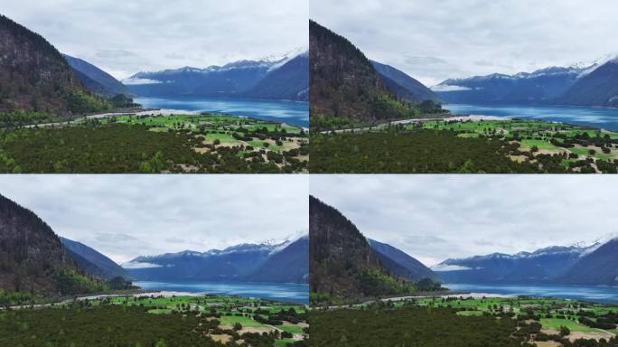 西藏林芝巴松措高山湖泊绿树自然风景航拍