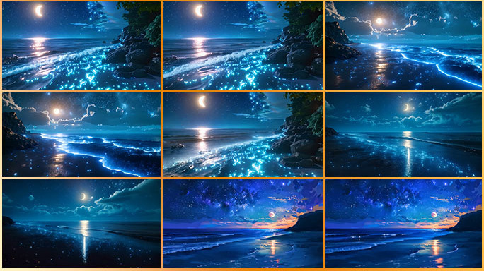 神秘夜空海岸 星光照耀海滩 梦幻发光生物