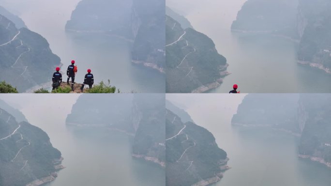 地质工作人员高山俯瞰长江写意镜头