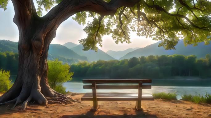 4K唯美湖边生态自然木椅意境阳光大树背景