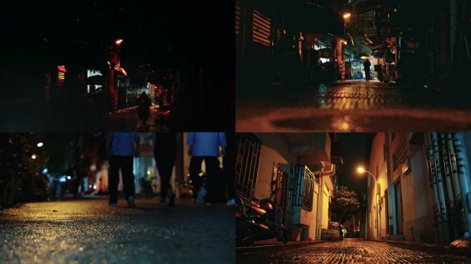 夜晚下雨胡同老巷子小区路灯骑摩托车下班
