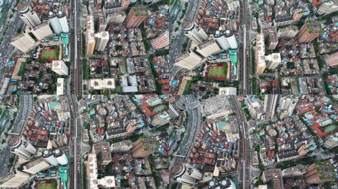 航拍武汉城市立体轨道交通行驶的轻轨列车