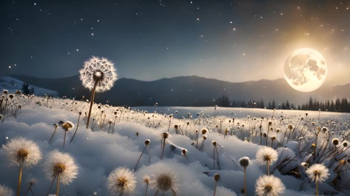 月光下雪地里的蒲公英 舞台背景