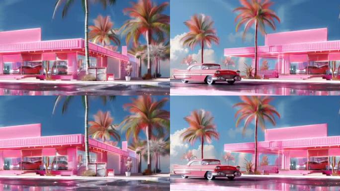 6k粉色汽车与商店场景loop
