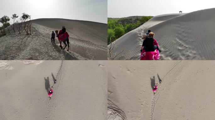 新疆塔克拉玛沙漠旅游游客骑骆驼游玩2