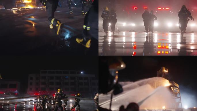 4K实拍消防夜间化工真烟真火演练