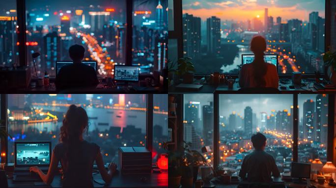 打工族深夜加班的背影