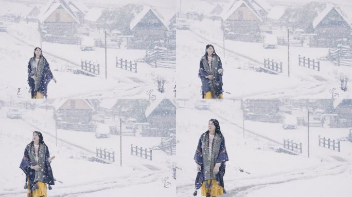 4K升格少女在禾木的雪地里漫步