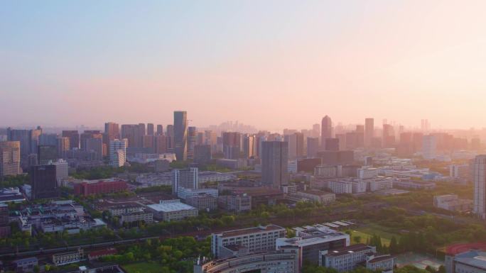 日出中的杭州滨江城市建筑风光航拍合集