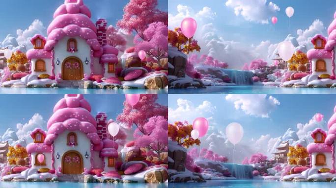卡通粉色气球糖果屋舞台背景