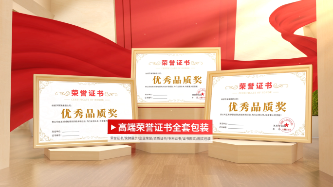 高端红绸荣誉证书奖牌奖状展示ae模板