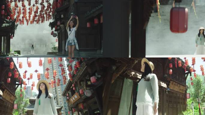 古镇老街旅游旅行 美女女人女孩休闲散步