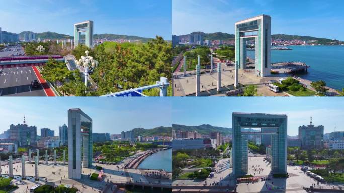 山东威海市幸福门广场航拍环翠区城市地标