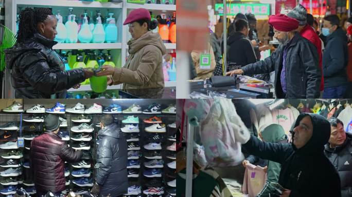 外国人逛义乌小商品市场夜市购物讨价还价