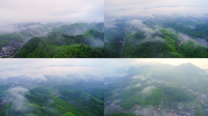 航拍雨季群山农村晨雾4k