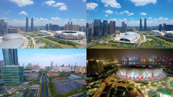 浙江杭州萧山区亚运会奥体中心航拍延时旅游