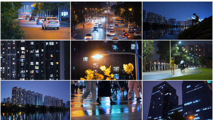 夜晚城市行人路灯车流小区