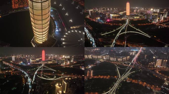 郑州市夜景大玉米大楼航拍金水路立交桥城市