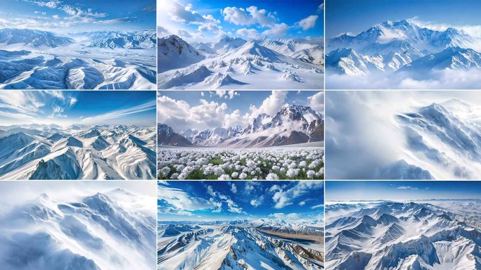航拍天山山脉、暴风雪、雪原和壮观雪山素材