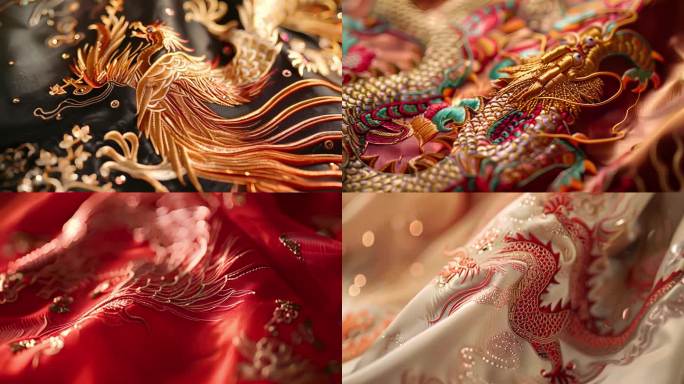 手工丝绸中式刺绣与龙凤图案的华丽展示