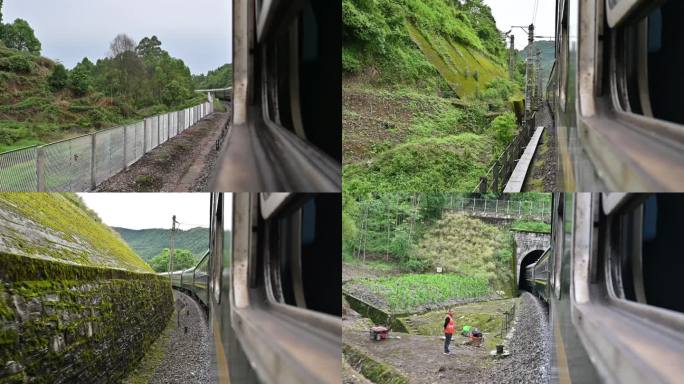 行驶中的可开窗绿皮火车车窗视角