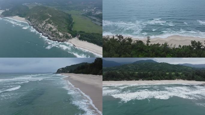 惠州盐仓海滩航拍原始海滩沙滩海浪蓝色大海