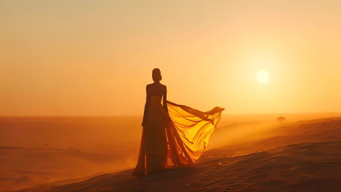黄沙沙漠 美女 黄裙子