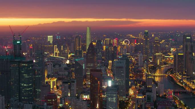 天津城市地标建筑夜景航拍