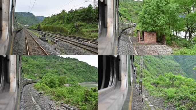 行驶中的可开窗绿皮火车车窗视角