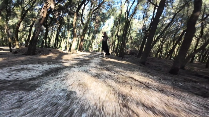 女人在森林里奔跑树林美女松树林里欢快跑步