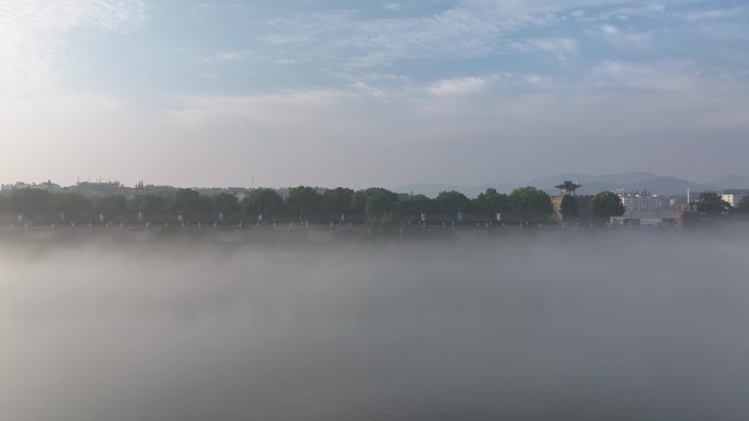 航拍襄阳古城汉江河流清晨城市云雾仙境风光