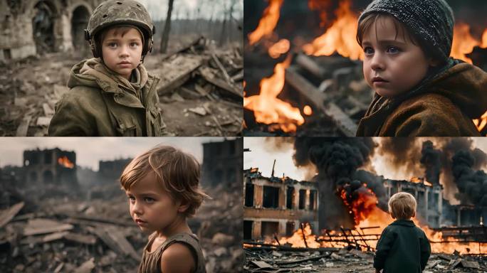 城市废墟中的乌克兰儿童
