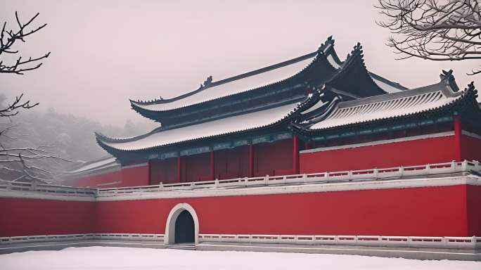 古代故宫红墙冬季雪景