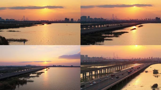 丹昆特大桥京沪高铁与阳澄湖汽车桥风景航拍