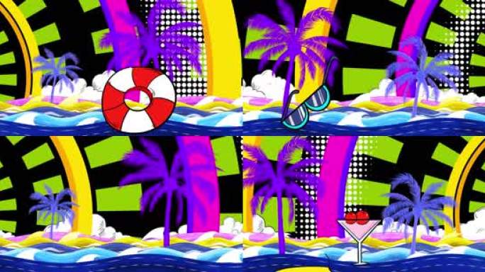 4K手绘海边 椰子树 夏日霓虹 复古