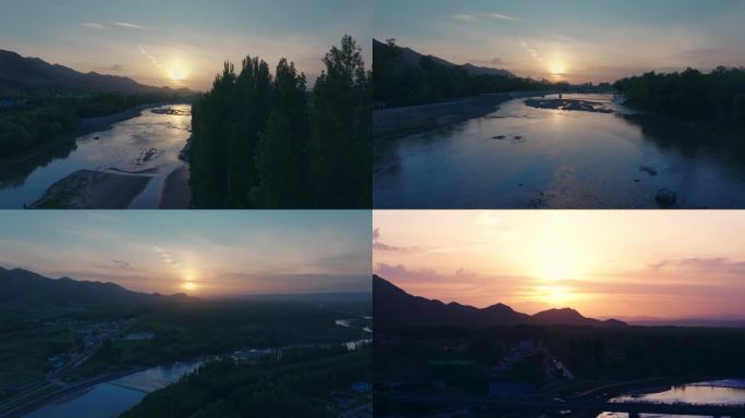 河流 小溪 夕阳 日落 村庄 森林河流