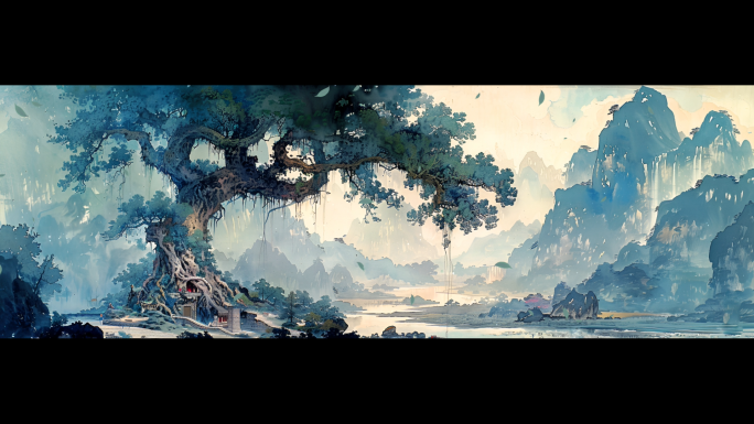 古风大树乡村田野舞台背景