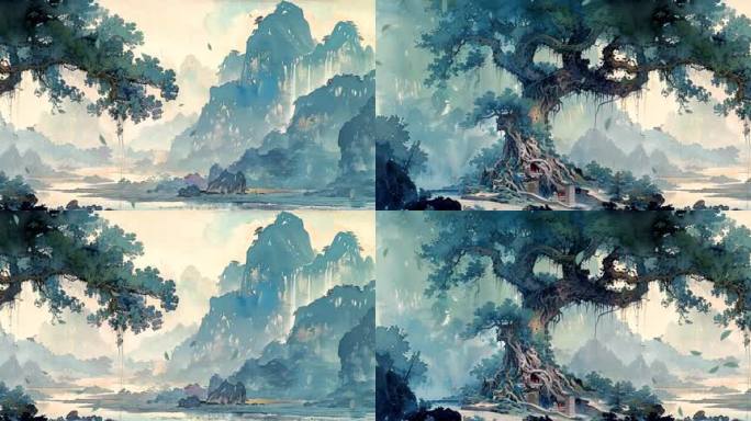 古风大树乡村田野舞台背景